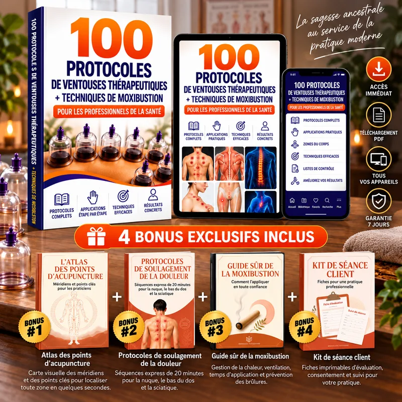 Tout ce qui est inclus : le manuel des 100 protocoles de ventousothérapie, les versions mobile et tablette, et les 4 bonus offerts